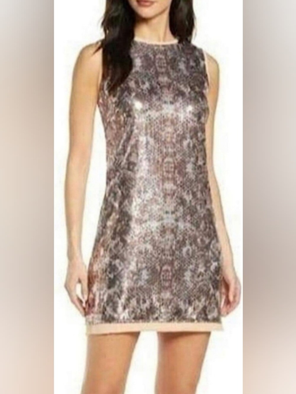 Vince Camuto Women's Sequined Snake Embossed Shift Dress Brown - Size 12 